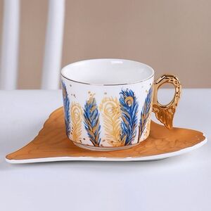 Blue Gold Angel Wings Feather Ceramic Mug Tea Cup Coffee Saucer Set Teacup